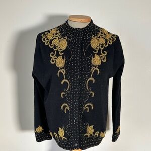 Vintage Black Cashmere Gold Beaded Cardigan (UL42) Regal Monarchy Design READ